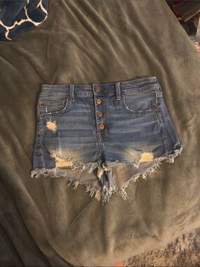 American Eagle Outfitters Distressed Button-Fly Jean Shorts - Blue